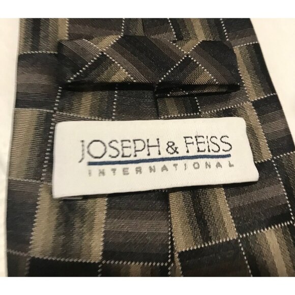 Joseph & Feiss International Checkered Silk Tie Brown Black Stain Resistant - Picture 3 of 4